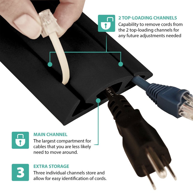 UT Wire 3-Channel Cord Protector & Concealer for Floor - 5 FT - Black - Image 2